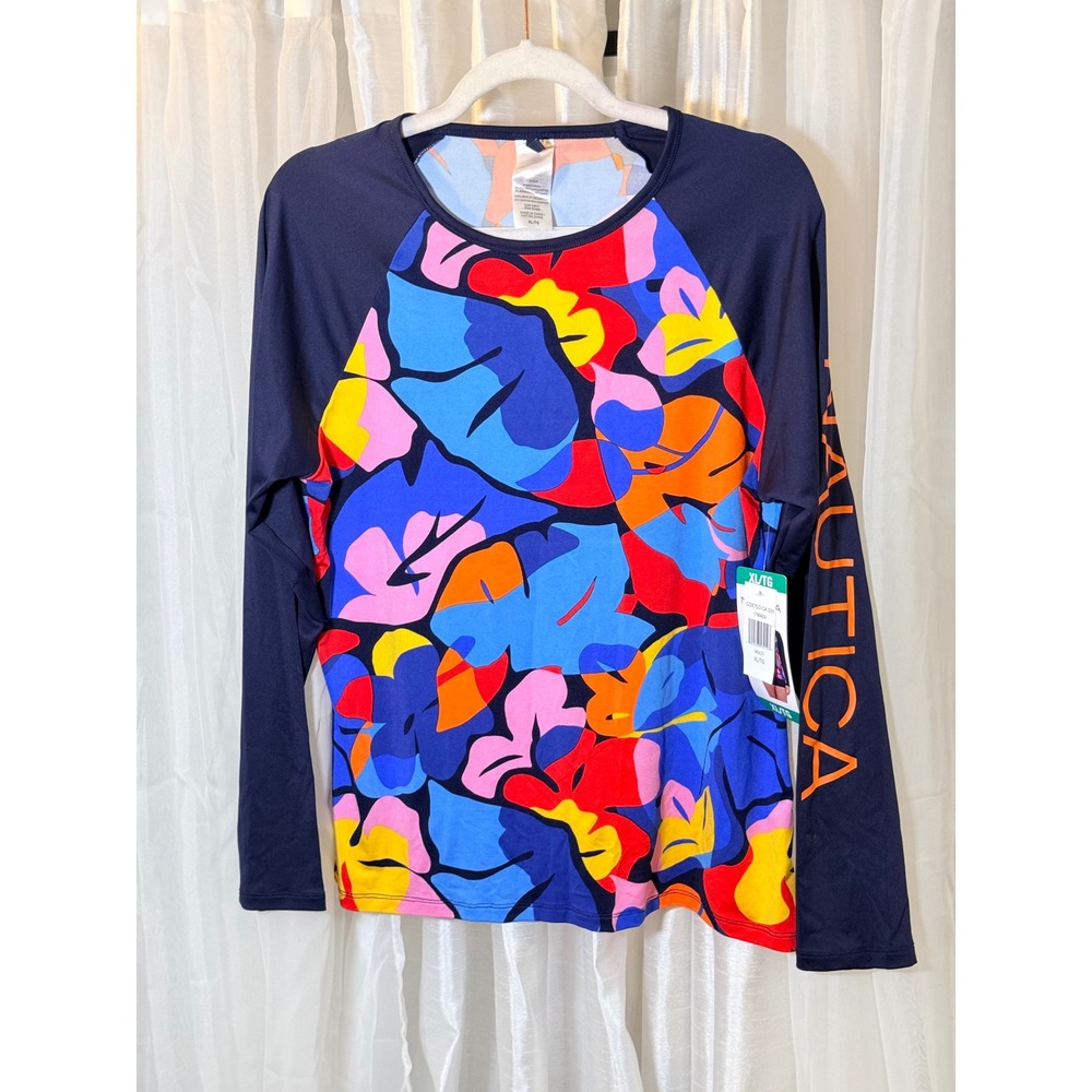 Nautica Rash Guard Womens XL Navy Multi Tropical Leaf Long Sleeve Swim Top